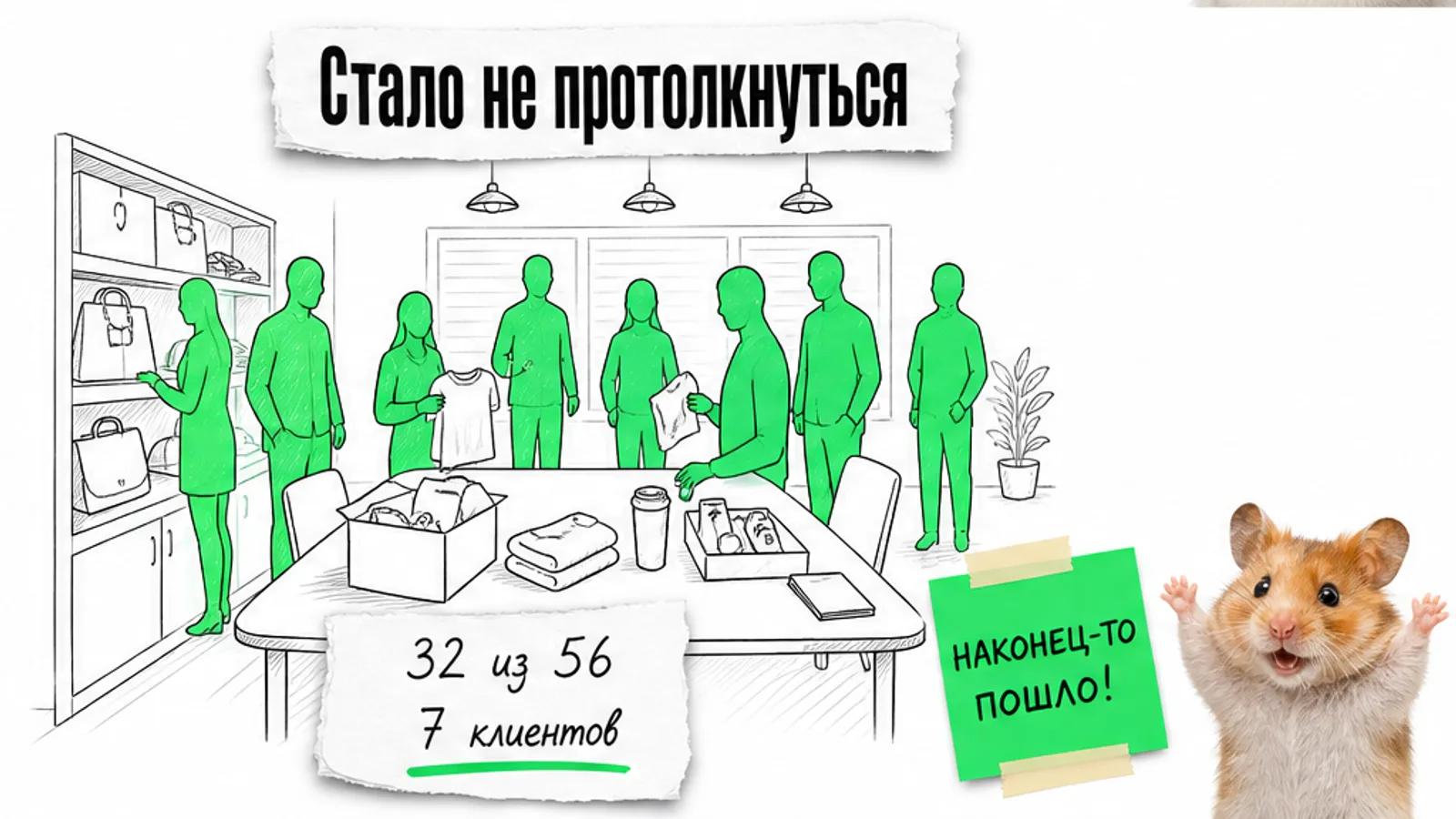 То же место заполнено людьми, рядом цифры 32 из 56 и 7 клиентов и торжествующий хомяк.