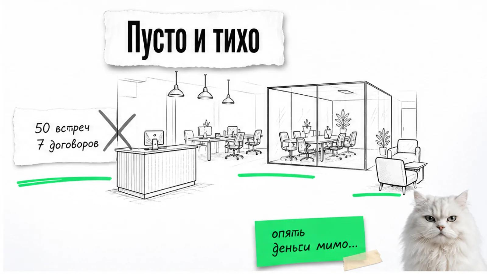 Пустой коворкинг с рабочими местами и одним владельцем магазина, рядом скептичный кот.