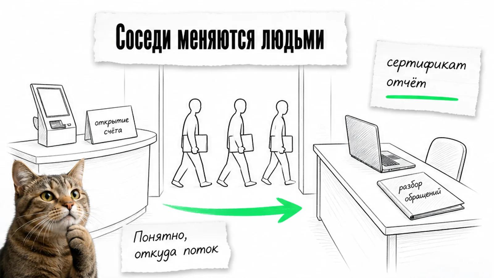 Банк и образовательная компания соединены зелёной стрелкой, между ними идут безликие силуэты клиентов.