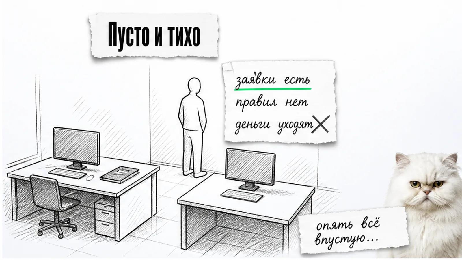 Пустой отдел продаж с одним силуэтом владельца, нераспределёнными заявками и скептичным котом.