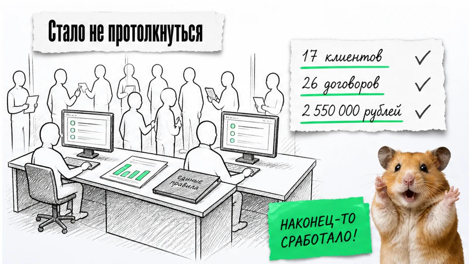 Тот же отдел продаж заполнен людьми, рядом показаны 17 клиентов и 26 договоров, а хомяк торжествует.