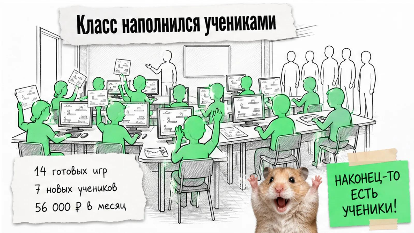 Тот же учебный класс полон детей и родителей; карточка показывает результаты, а хомяк торжественно поднимает лапы.