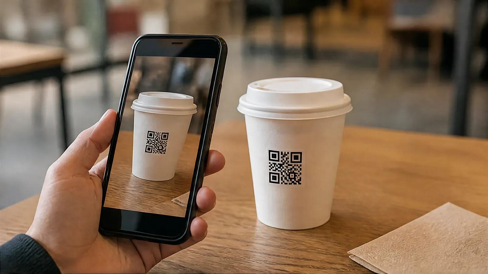Гость наводит камеру телефона на QR-код, наклеенный на стакан кофе