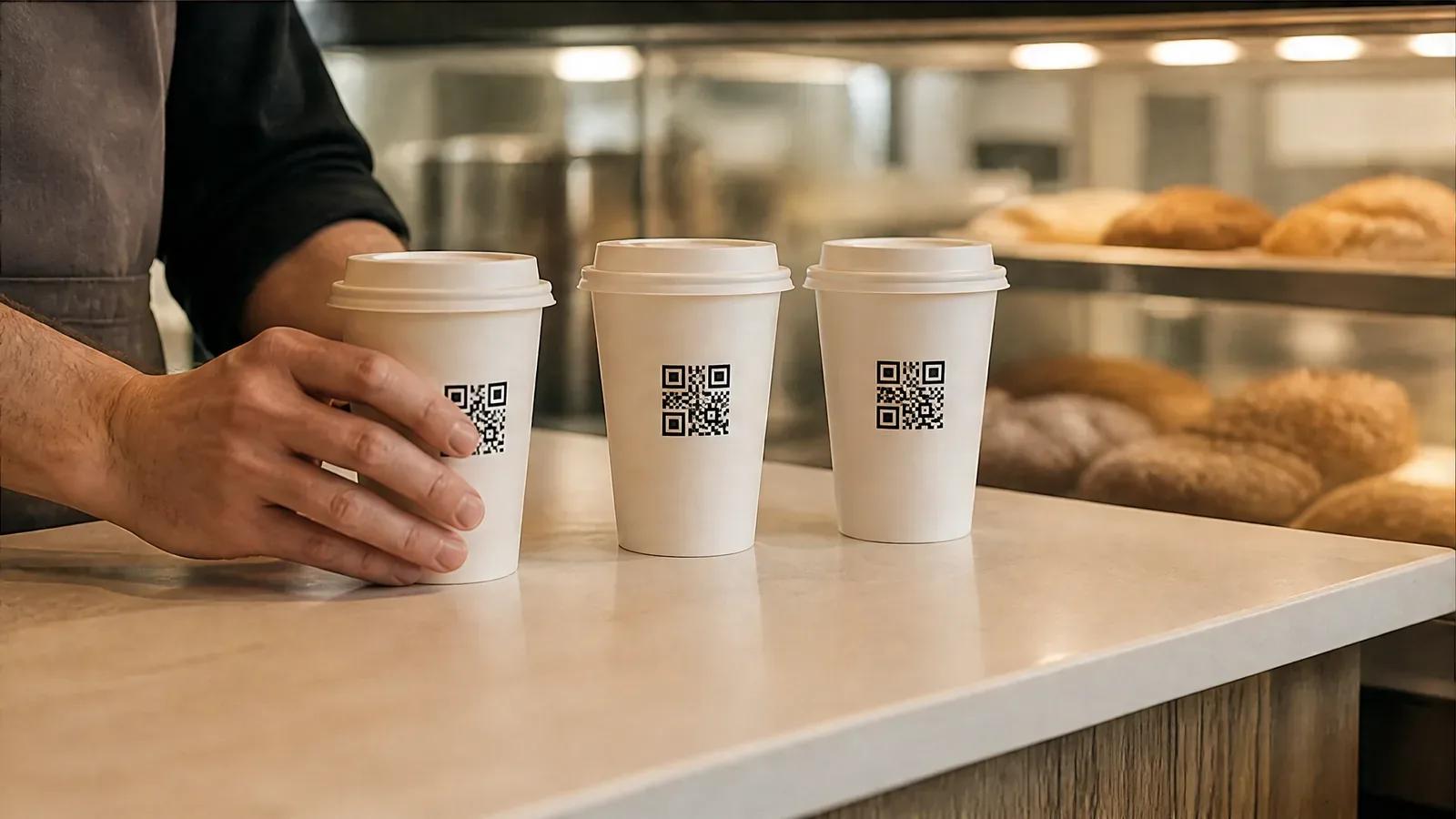 Бариста ставит на стойку три стакана с QR-кодами партнёрской программы