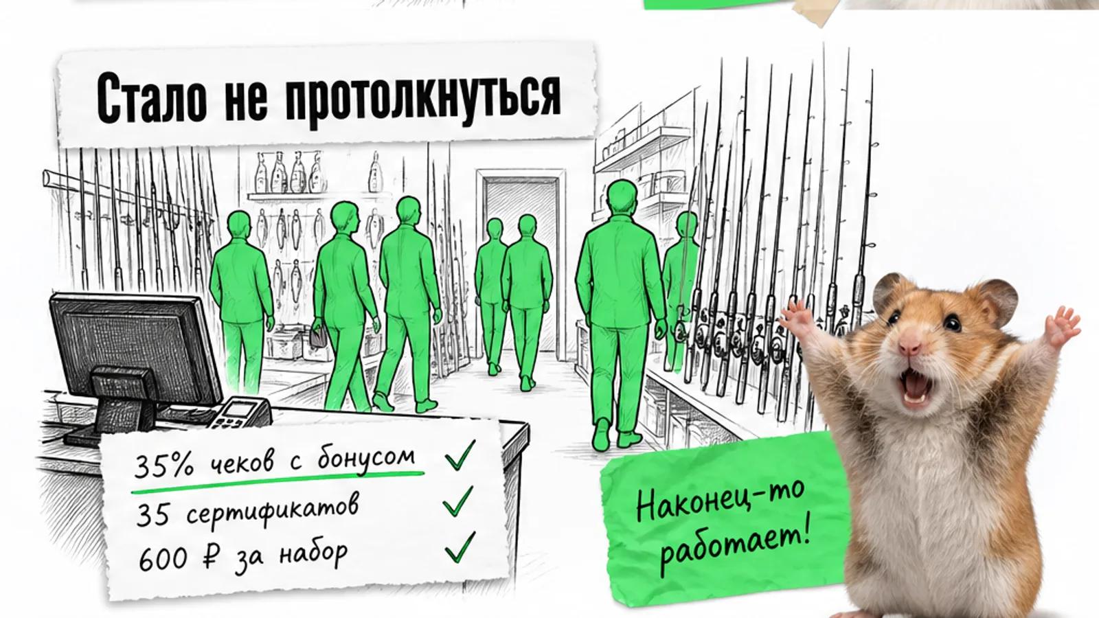Та же касса магазина снастей заполнена покупателями, рядом карточка с результатами: 35 процентов и 35 сертификатов.