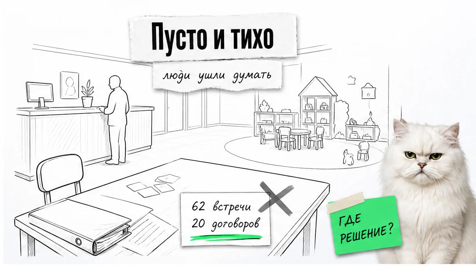 Пустой стол администратора детского сада и один родитель, рядом скептичный кот с лапой у морды.