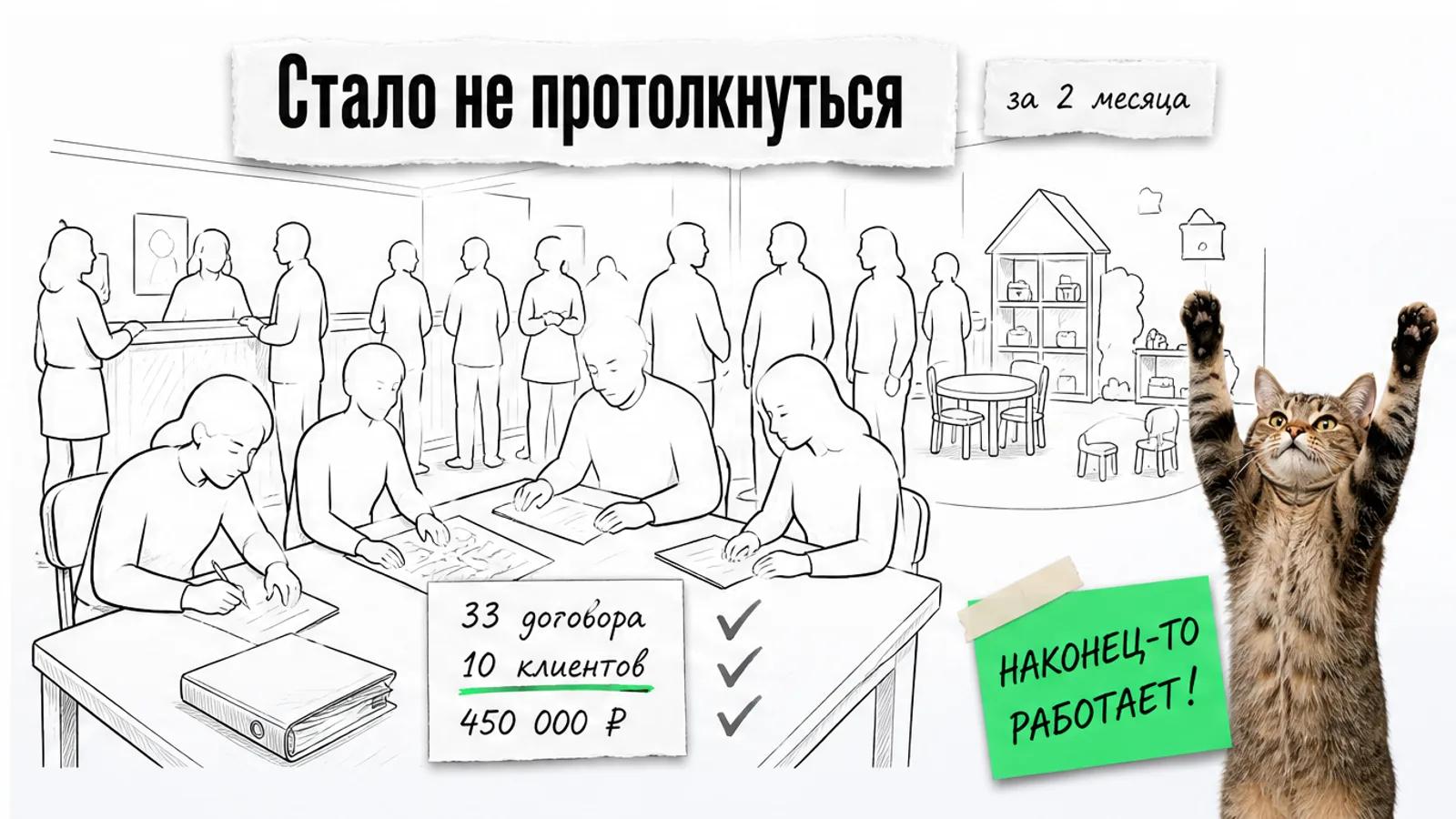 Тот же стол детского сада теперь окружён родителями, рядом кот с поднятыми лапами и карточка с результатами.