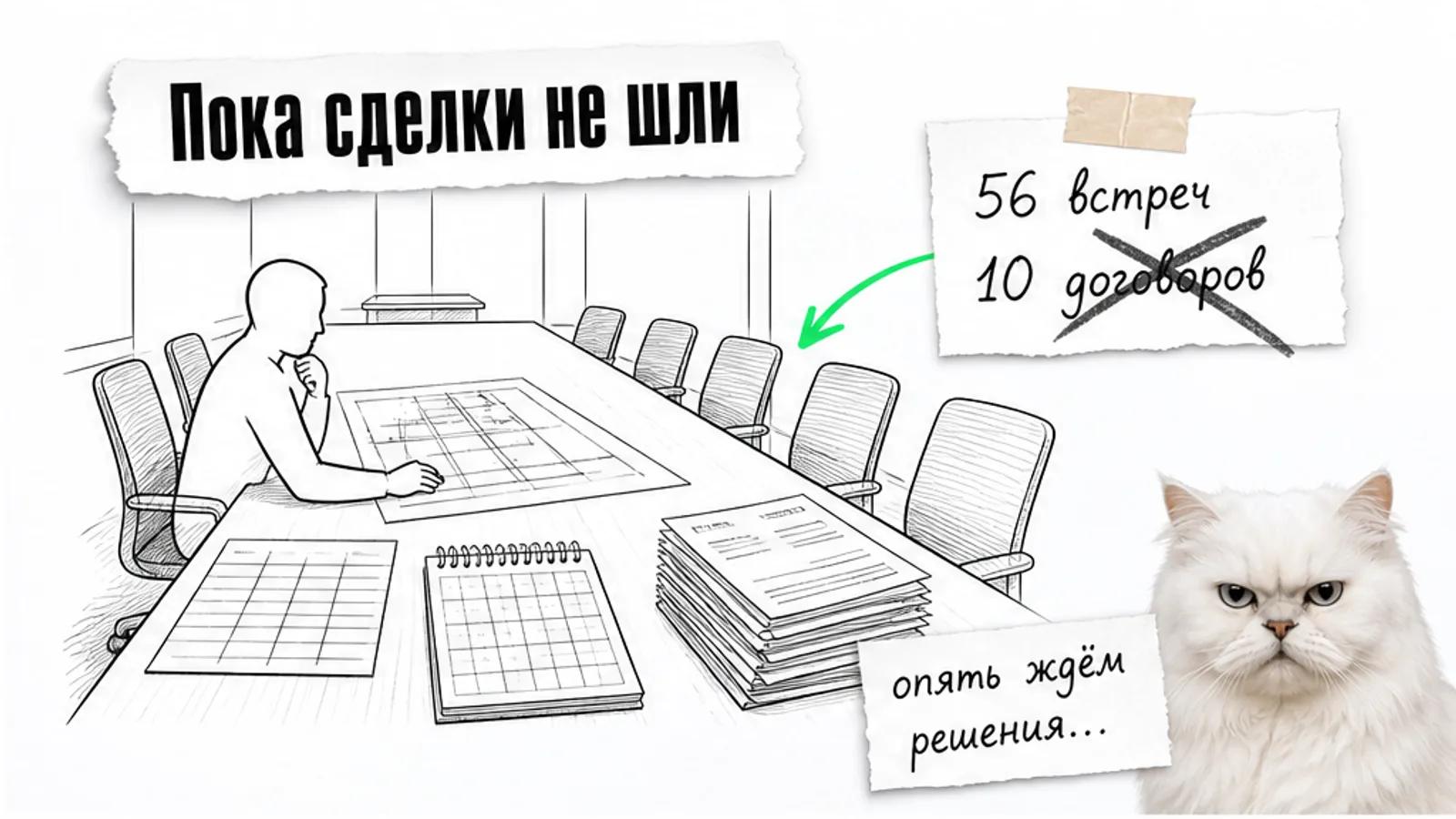 В пустой переговорной девелопер рассматривает чертежи без сметы и графика, рядом скептически смотрит кот.