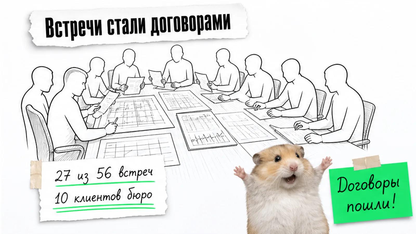 Та же переговорная полна людей, на карточке указаны 27 договоров из 56 встреч и 10 клиентов бюро.