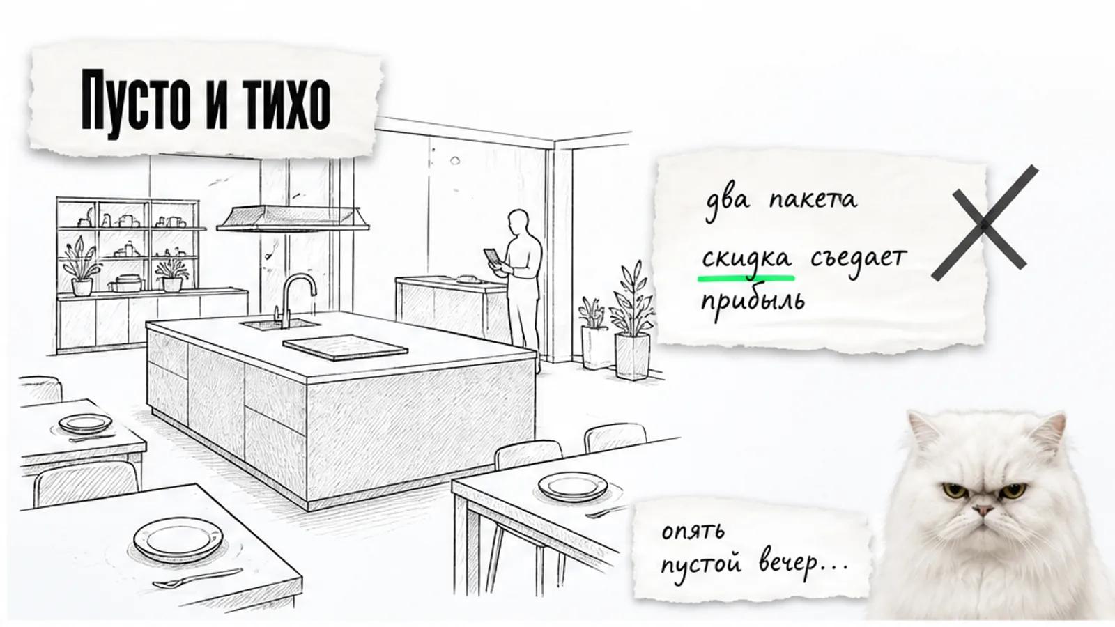 Пустая кулинарная студия с каменным островом, один менеджер и скептичный кот.