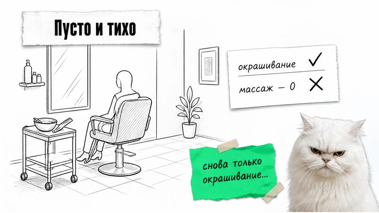 В тихом салоне одна клиентка сидит в кресле для окрашивания, а массаж остаётся без заказа.