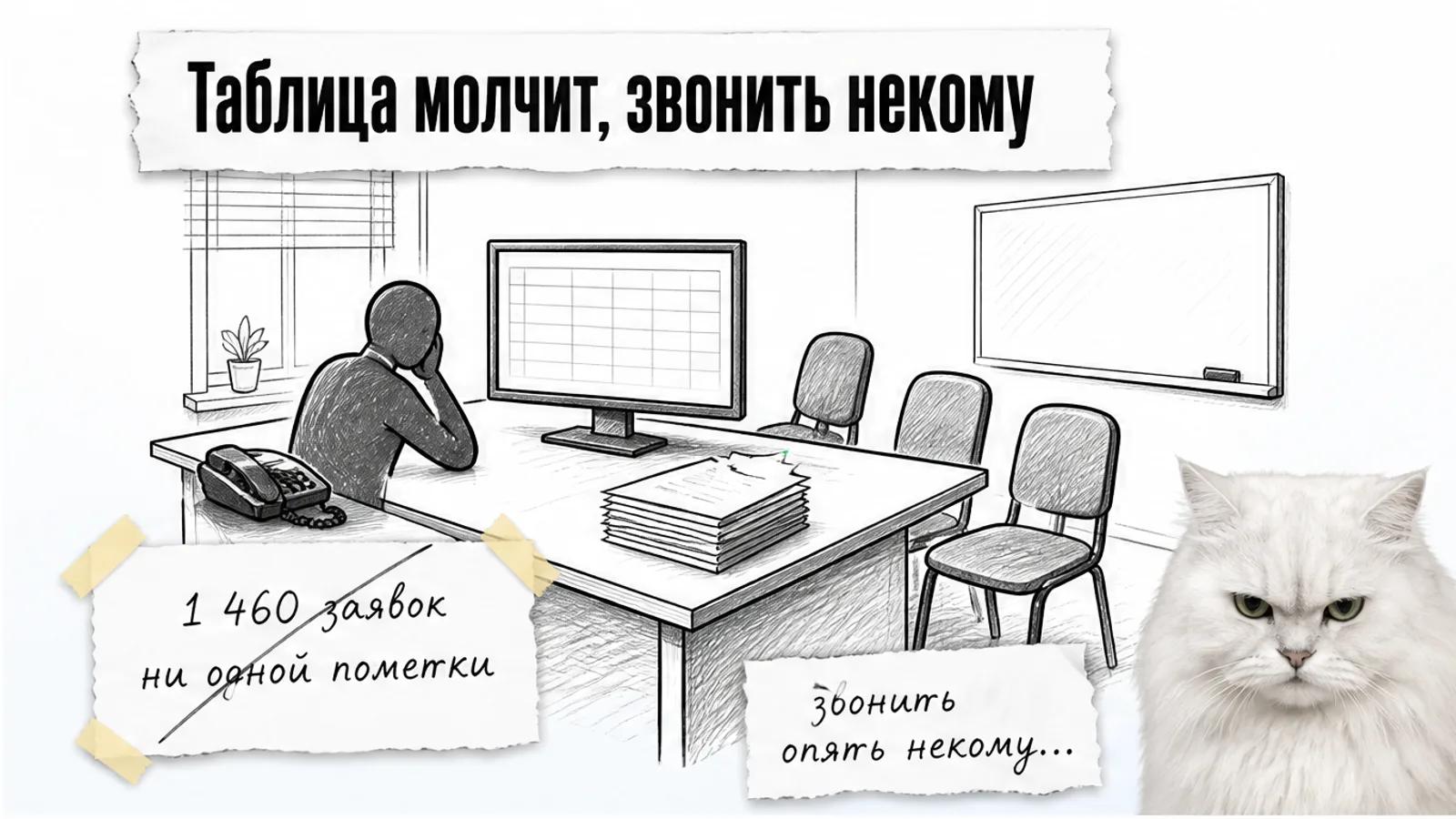 Пустой отдел продаж: один продавец над таблицей заявок без пометок, рядом насупленный белый пушистый кот