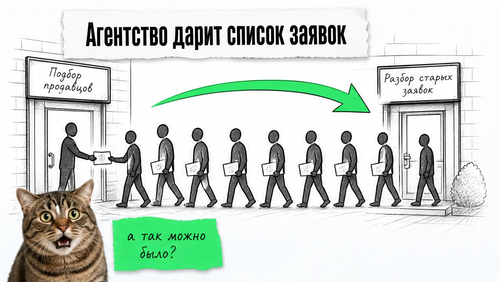 Собственники с сертификатами идут из кадрового агентства к соседней компании по зелёной стрелке, рядом кот в шоке