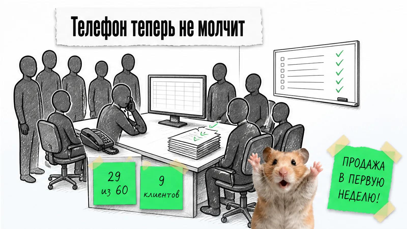 Тот же отдел продаж полон людей, продавец говорит по телефону, числа 29 из 60 и 9 клиентов, хомяк ликует