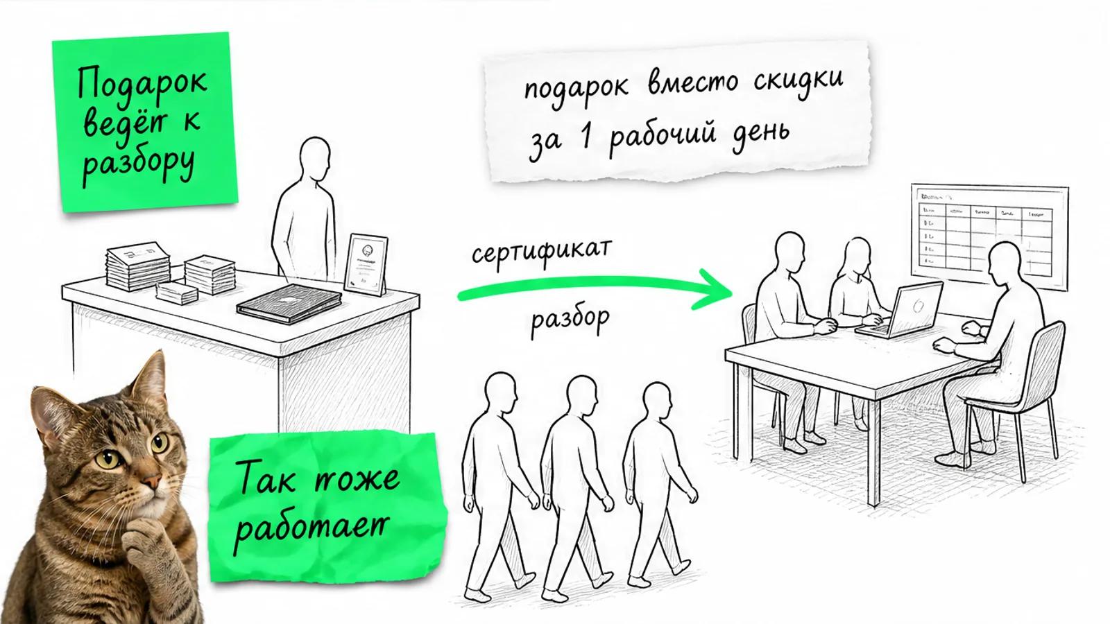 Стойка выставки и рабочее место цифровой команды соединены зелёной стрелкой, между ними идут люди.