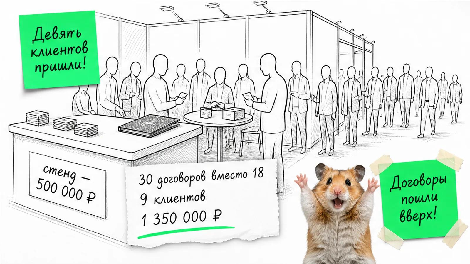 Тот же выставочный стенд заполнен людьми, рядом карточки с результатами: 30 договоров и 9 клиентов.