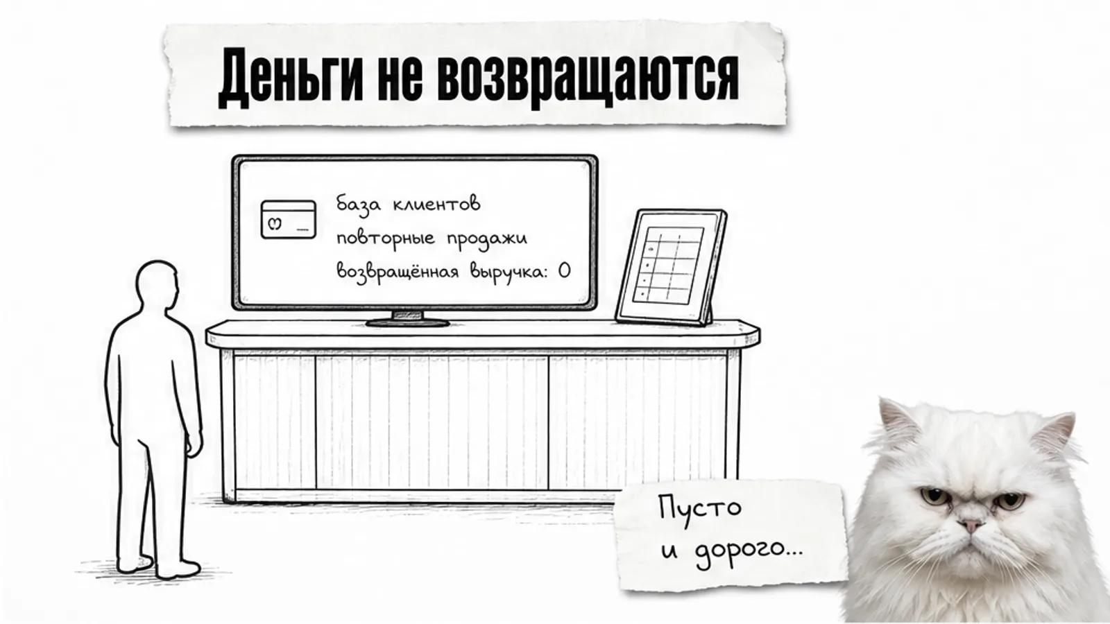 Пустая стойка платформы с экраном, картой и таблицей скидок; рядом скептичный белый кот.