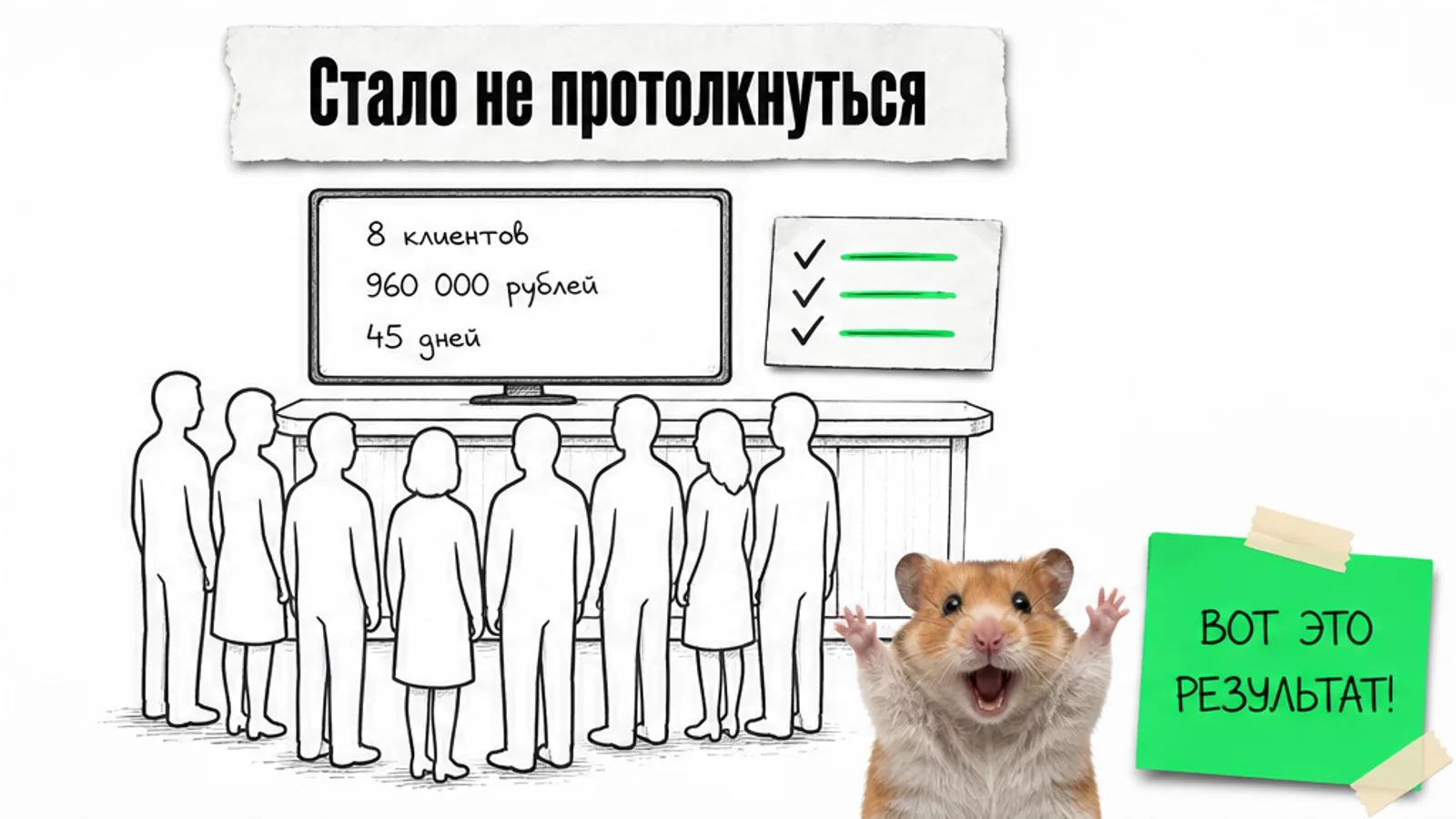 Та же стойка теперь заполнена людьми, рядом торжествующий хомяк и карточки с результатами за 45 дней.