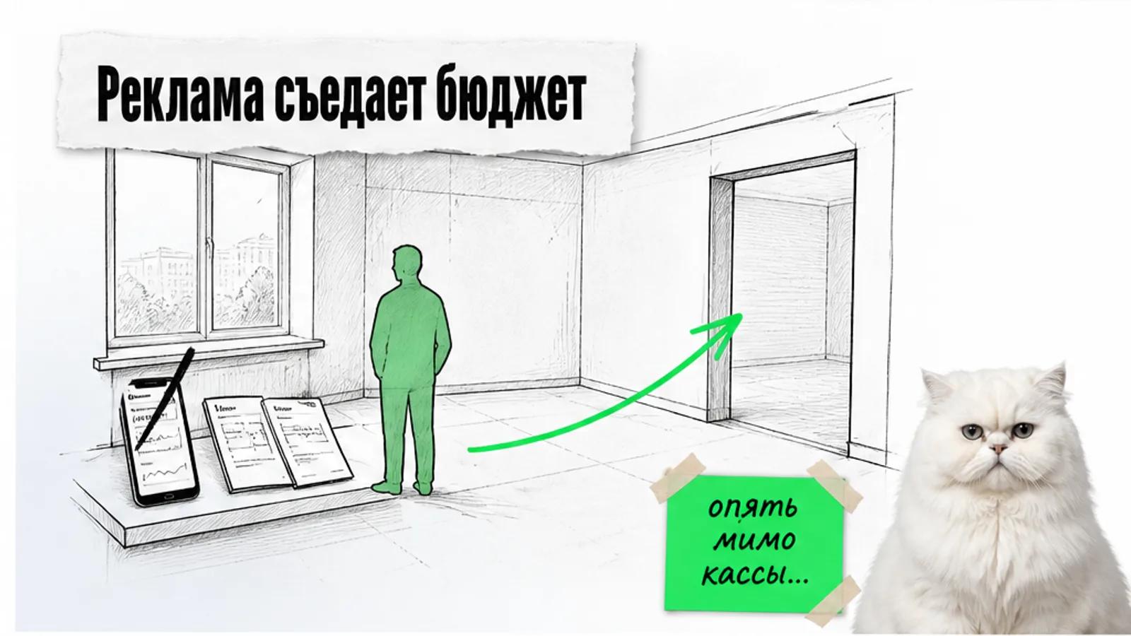 В пустой квартире на подоконнике лежат сметы и телефон, рядом один силуэт и скептичный кот.