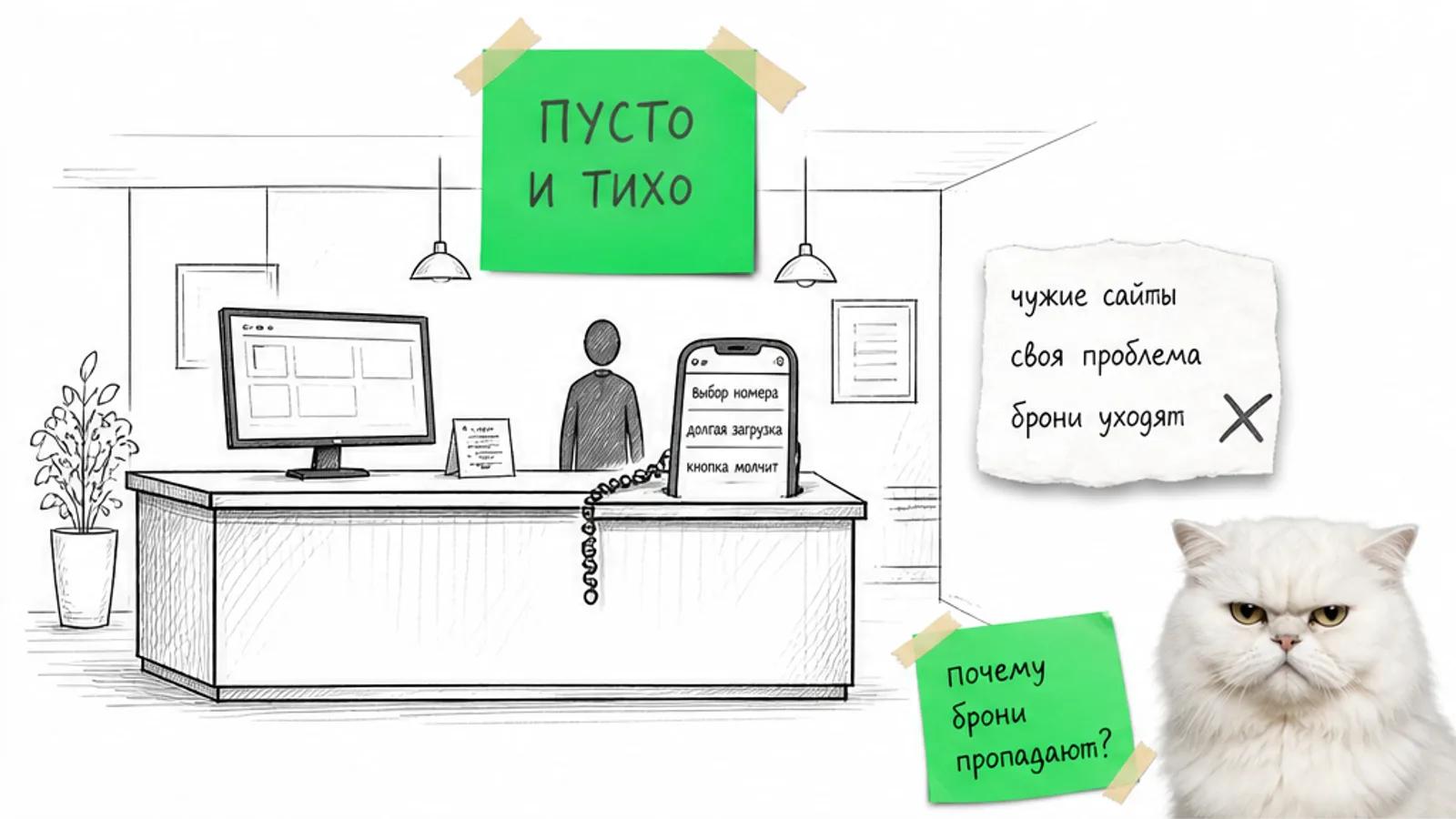 Пустой холл отеля со стойкой бронирования, одним силуэтом владельца и скептичным котом