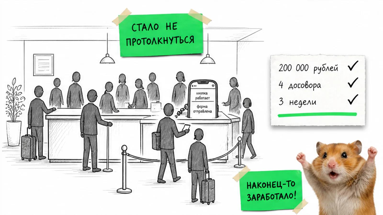 Тот же холл отеля переполнен гостями, рядом хомяк с поднятыми лапами и карточки результата
