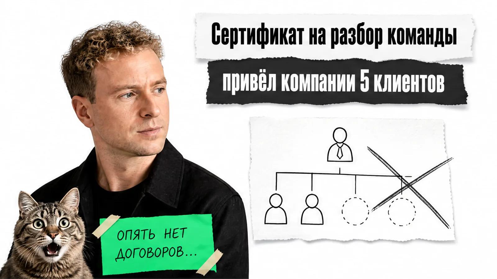 Автор в чёрной одежде смотрит на заголовок и потрясённого кота рядом с карточками.