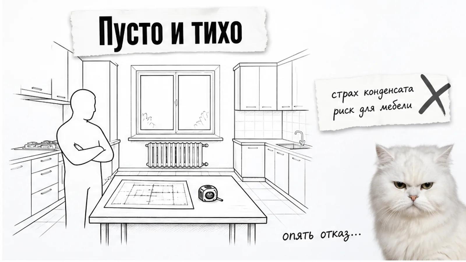 Пустая кухня с окном и одним силуэтом владельца, рядом скептически смотрящий белый кот.