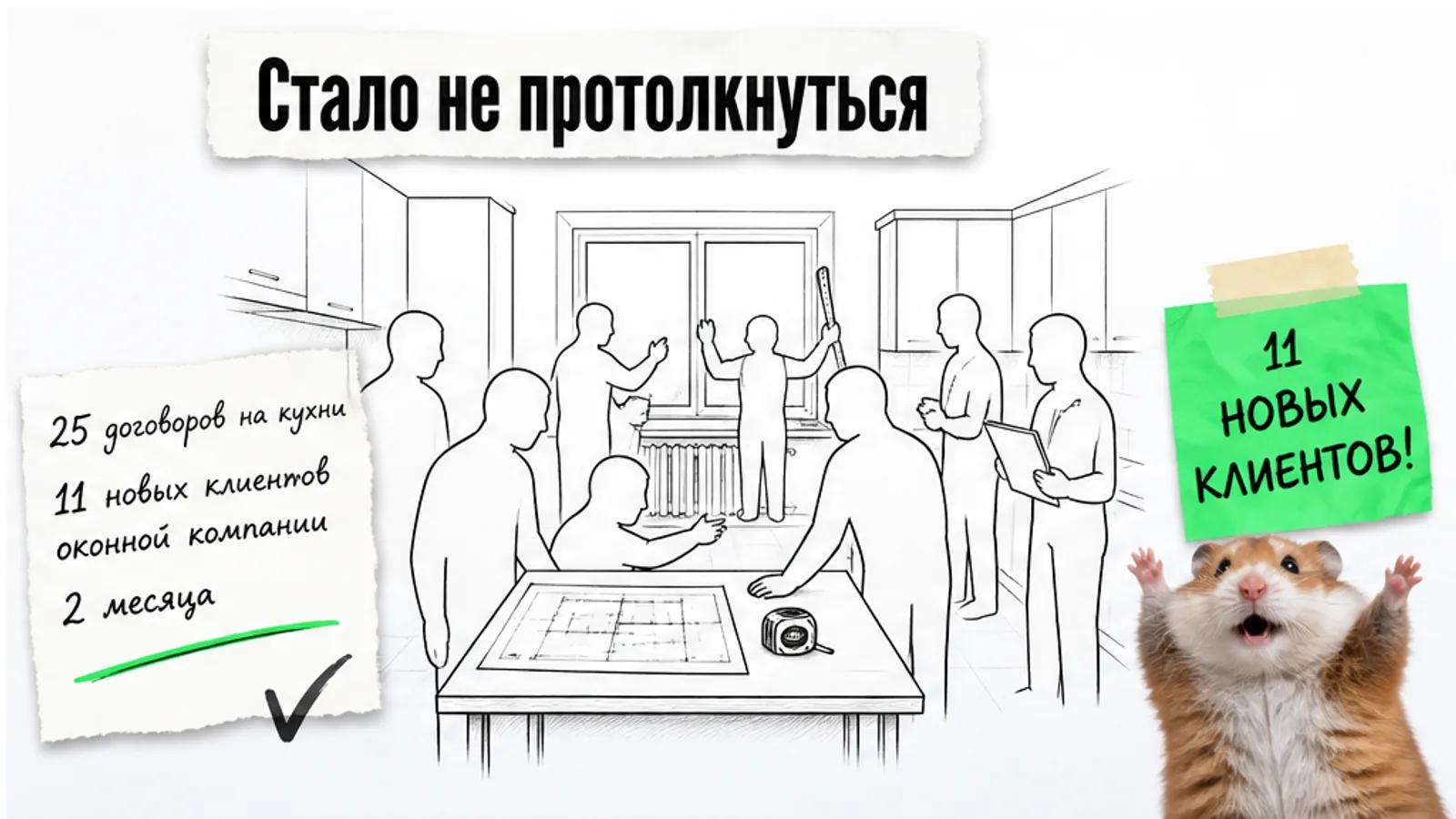 Та же кухня заполнена людьми, рядом торжествующий хомяк и карточка с 25 договорами и 11 клиентами.