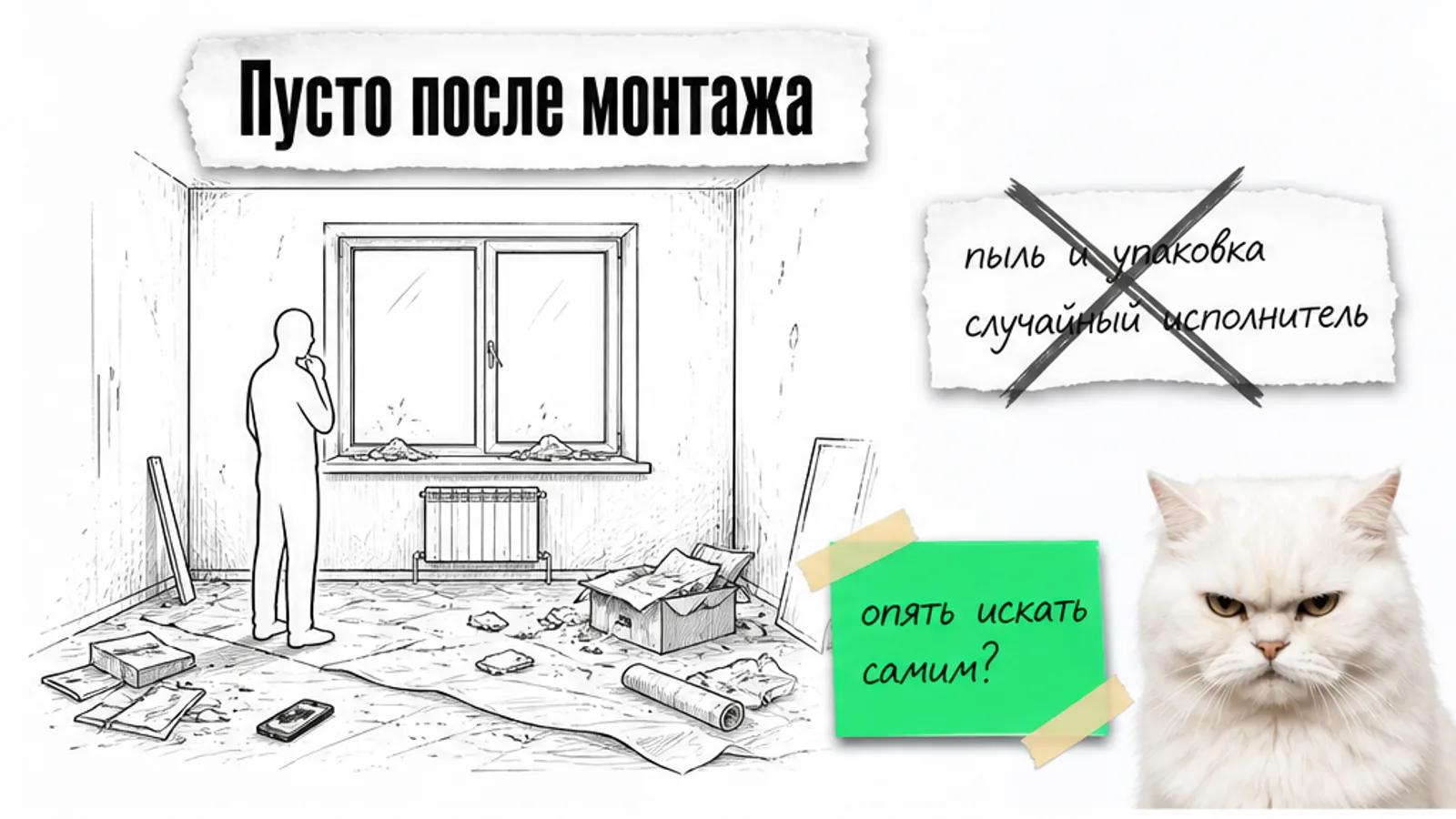 Комната после монтажа окон пустует: пыль, плёнка, упаковка и грязный подоконник, рядом скептичный кот.