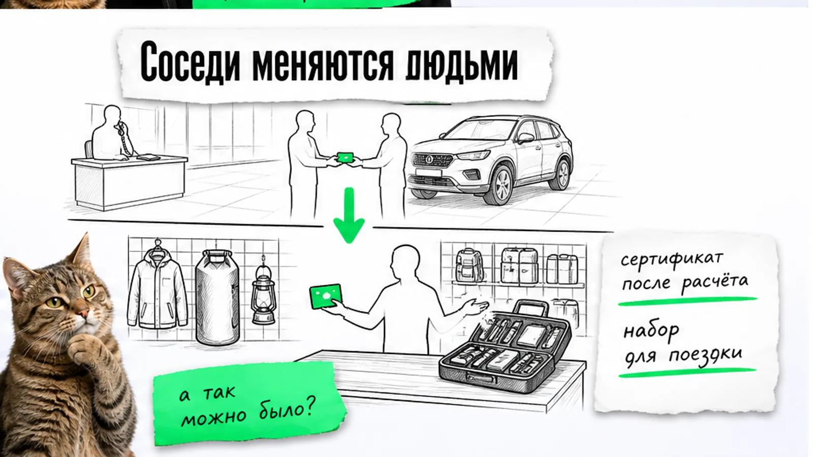 Автодилер и магазин товаров для отдыха обмениваются покупателями по зелёной стрелке, рядом задумчивый кот.