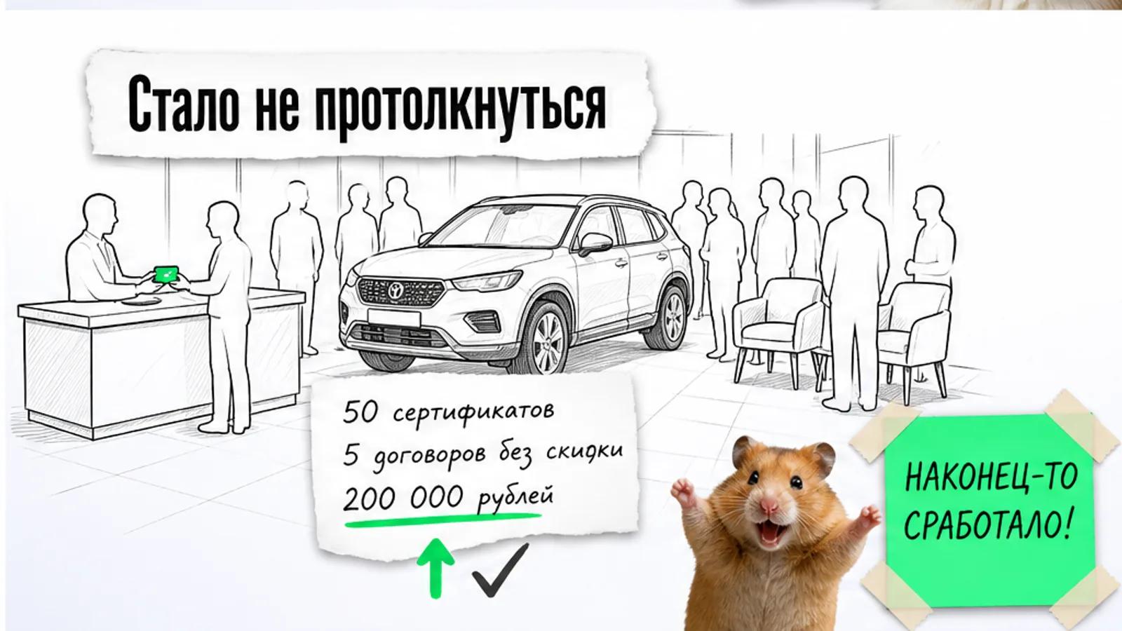 Тот же шоурум заполнен покупателями, рядом хомяк с поднятыми лапами и числа 50, 5 и 200 000 рублей.