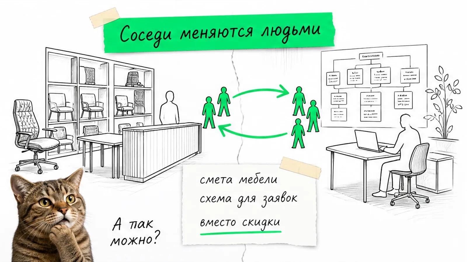 Шоурум мебели и стол веб-разработки соединены зелёной стрелкой с потоком силуэтов.