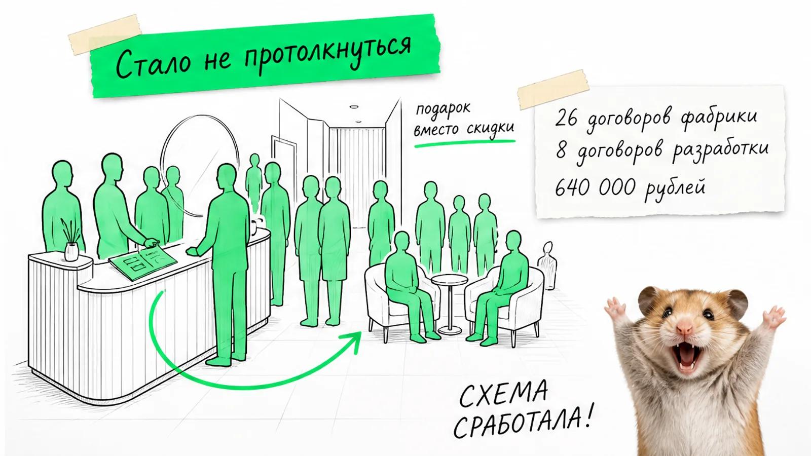 Та же студия заполнена клиентами, рядом хомяк с поднятыми лапами и числа результата.