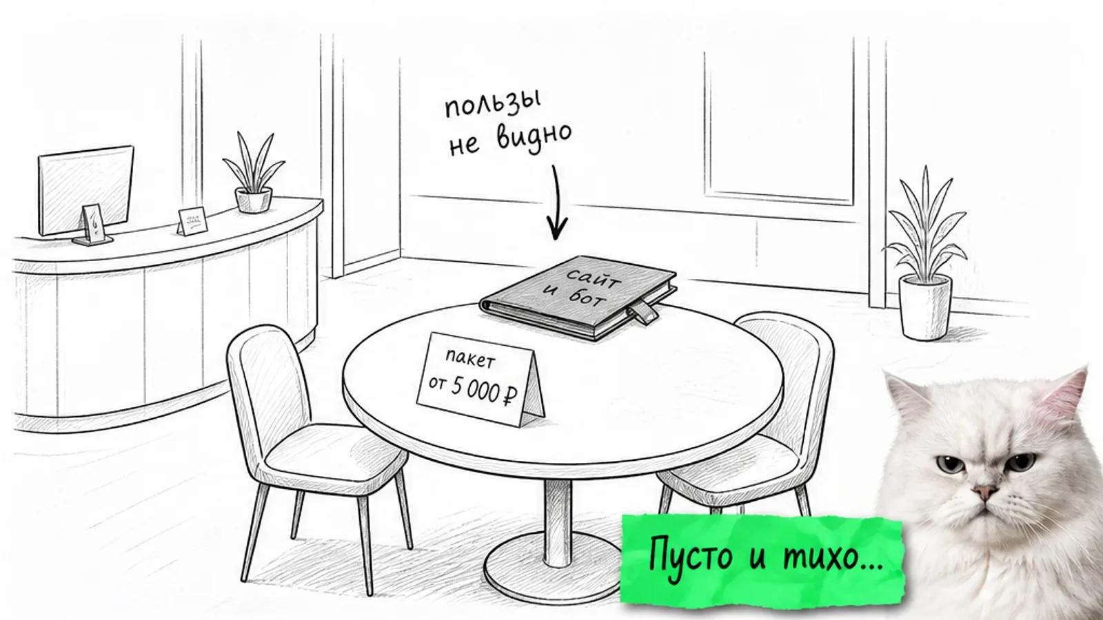 Пустой офис сети салонов с одиноким столом, карточкой пакета и скептичным котом.