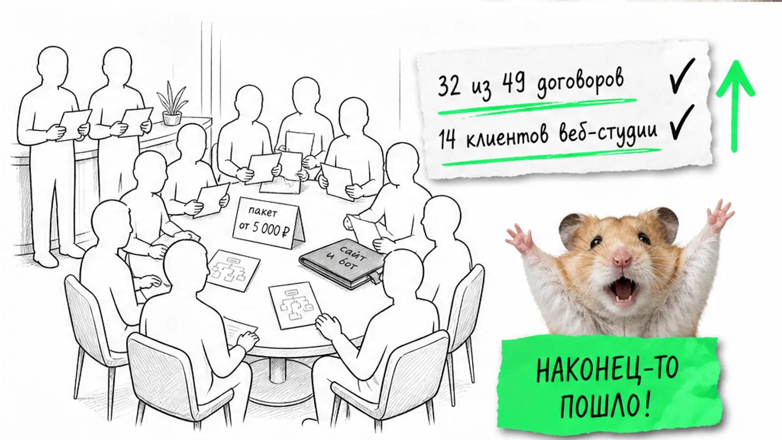 Тот же офис заполнен владельцами салонов, рядом хомяк празднует результаты 32 из 49 и 14 клиентов.
