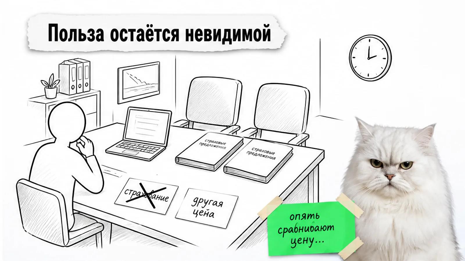 Пустой кабинет страхового брокера с одним владельцем, двумя креслами и котом-скептиком.