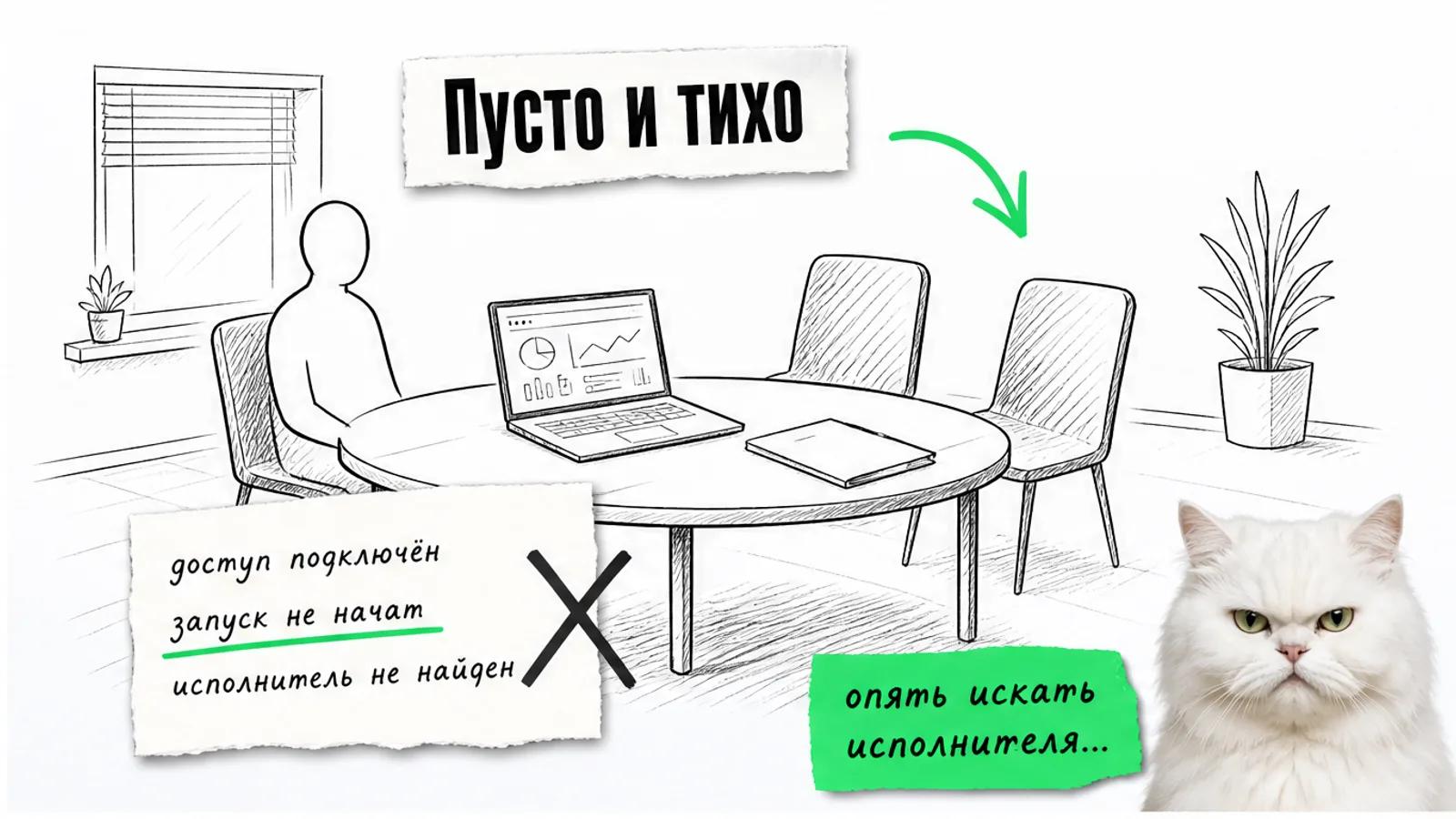 Пустая переговорная с ноутбуком и одним силуэтом, рядом насупленный кот скептически смотрит на кабинет.