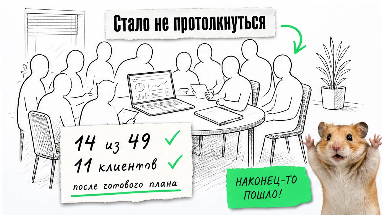 Та же переговорная теперь заполнена людьми, рядом карточки с результатами и торжествующий хомяк с поднятыми лапами.
