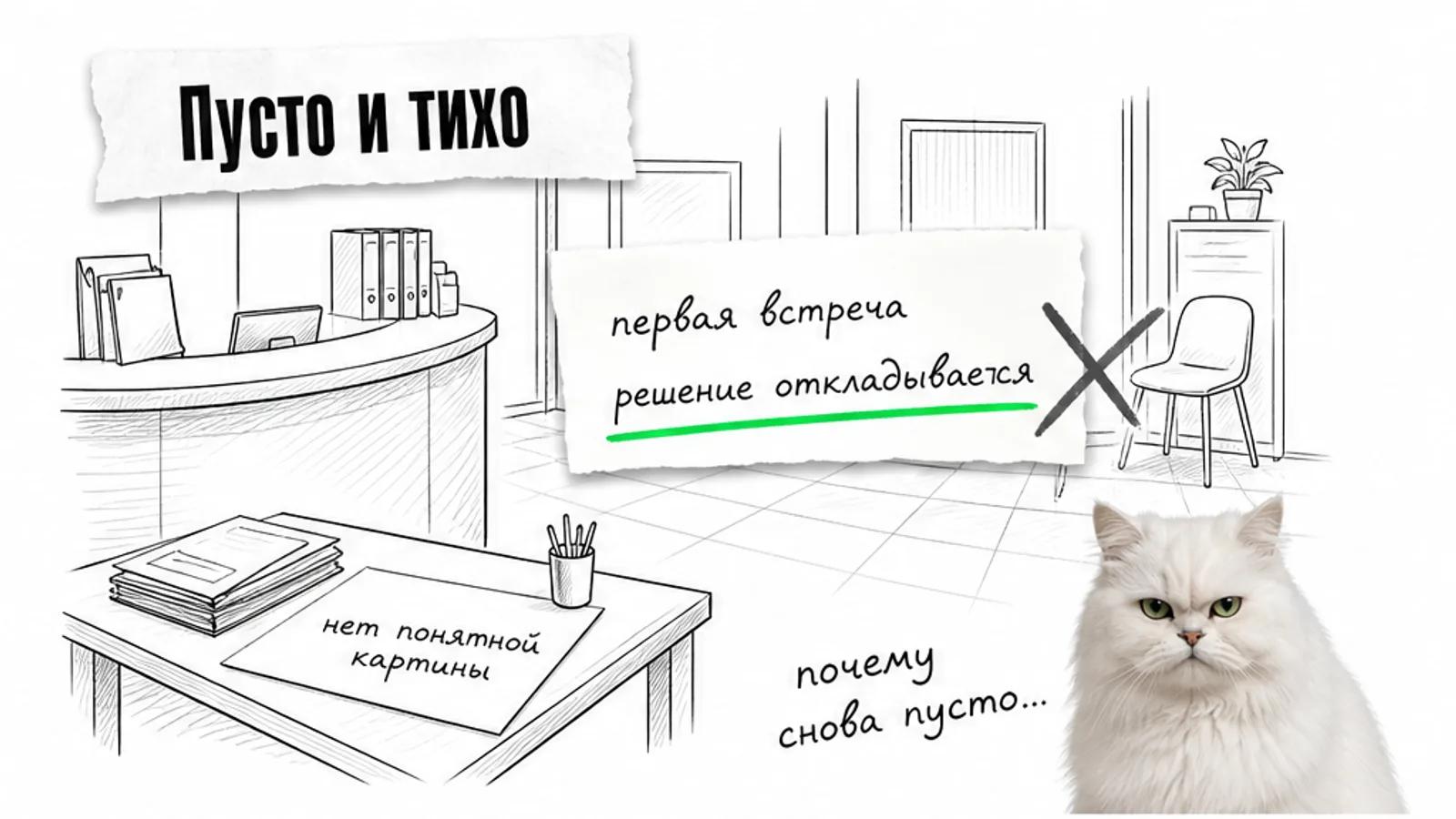 Пустой детский сад с карточкой профиля и скептичным котом у края.