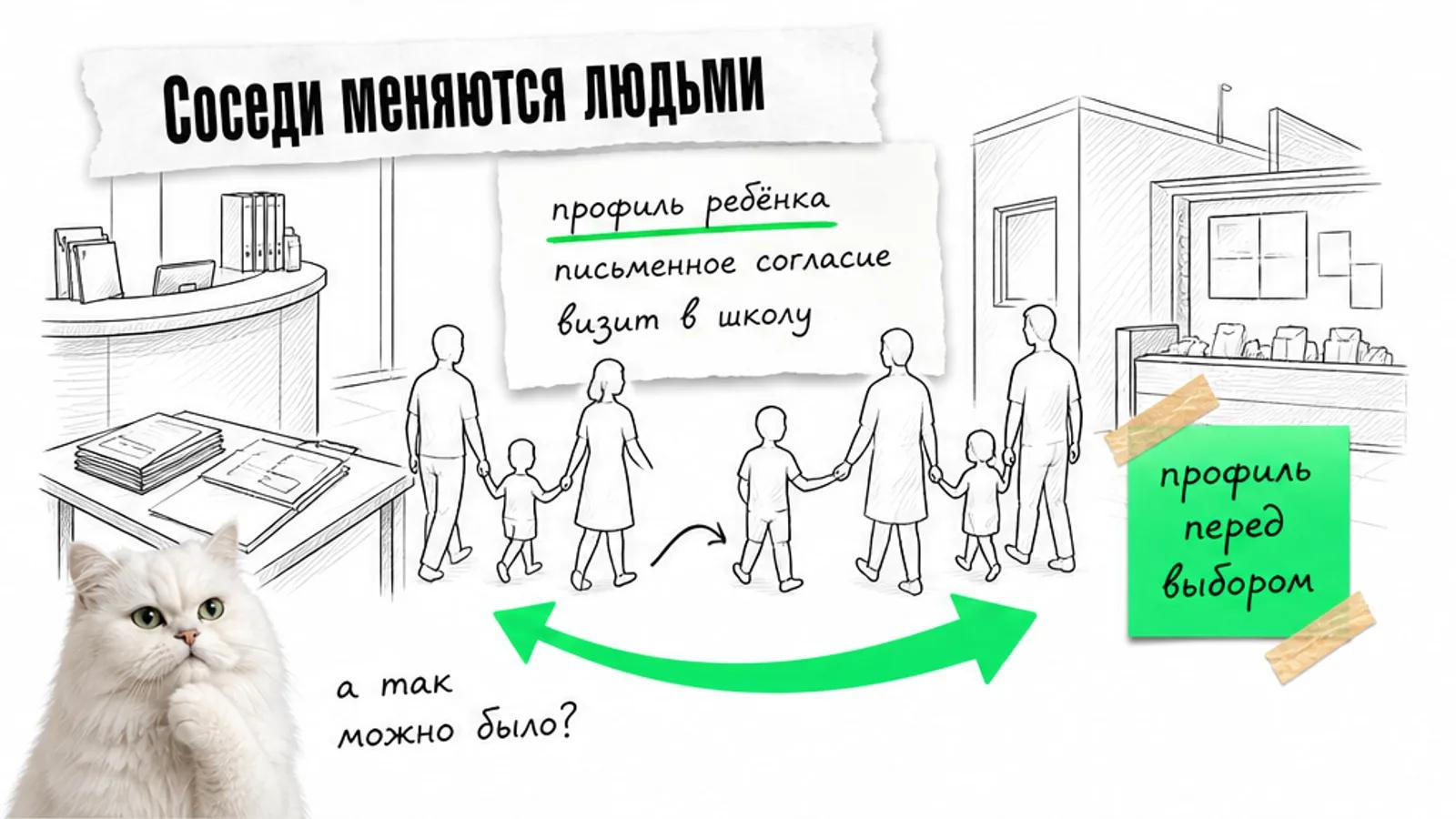 Детский сад и школа соединены зелёной стрелкой, между ними идут семьи, рядом задумчивый кот.