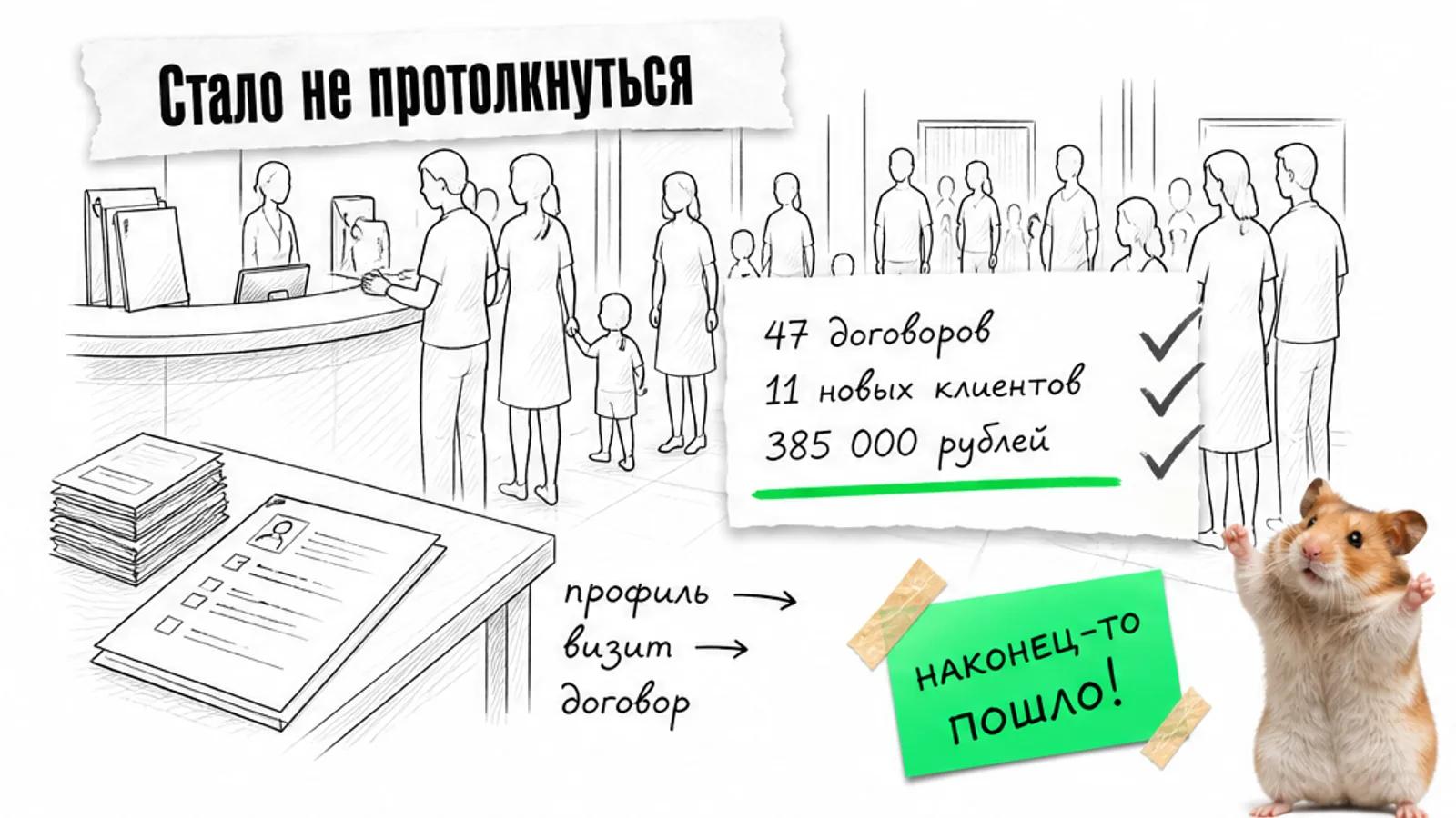 Тот же детский сад заполнен семьями, рядом показаны 47 договоров и 11 новых клиентов и хомяк.